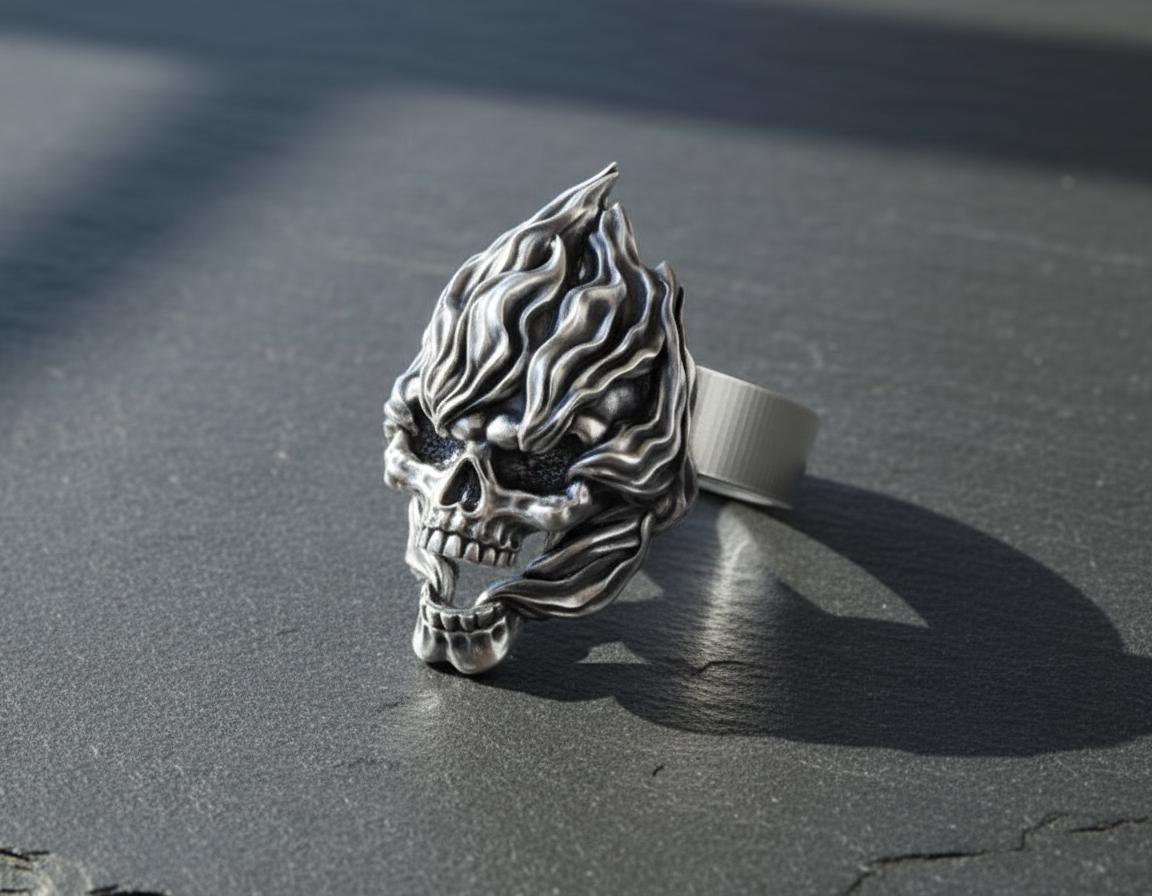 Flaming Skull Ring Gothic Jewelry Statement Band, Oxidized Silver