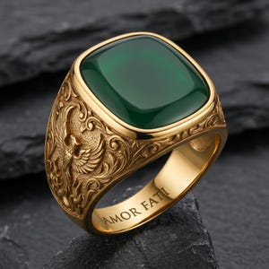 Herrring med grön agat Phoenix i 925 sterlingsilver, guld vermeil, Amor Fati signetring, handgjorda smycken