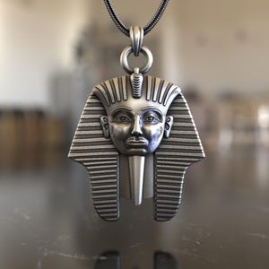 Ancient Pharaoh Egyptian Pendant Necklace 925 Sterling Silver, King Tutankhamun Head, Intricate Historical Design, Men Women Jewelry Gift