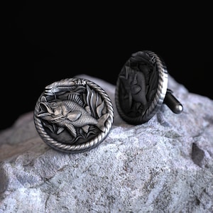 Bass Fish Design 925 Sterling Silver Cufflinks, Handcrafted Fisherman Gift, Unique Fishing Jewelry, Silver Cufflinks for Men Nature-Inspired