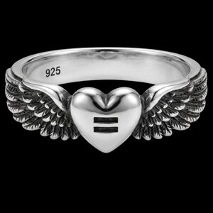 Equality Angel Wings Heart Ring in 925 Sterling Silver, Oxidized Gothic Band, Handcrafted Gift image 2