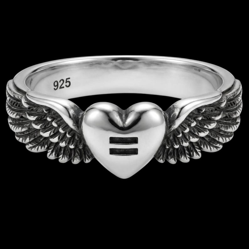 Equality Angel Wings Heart Ring in 925 Sterling Silver, Oxidized Gothic Band, Handcrafted Gift image 2