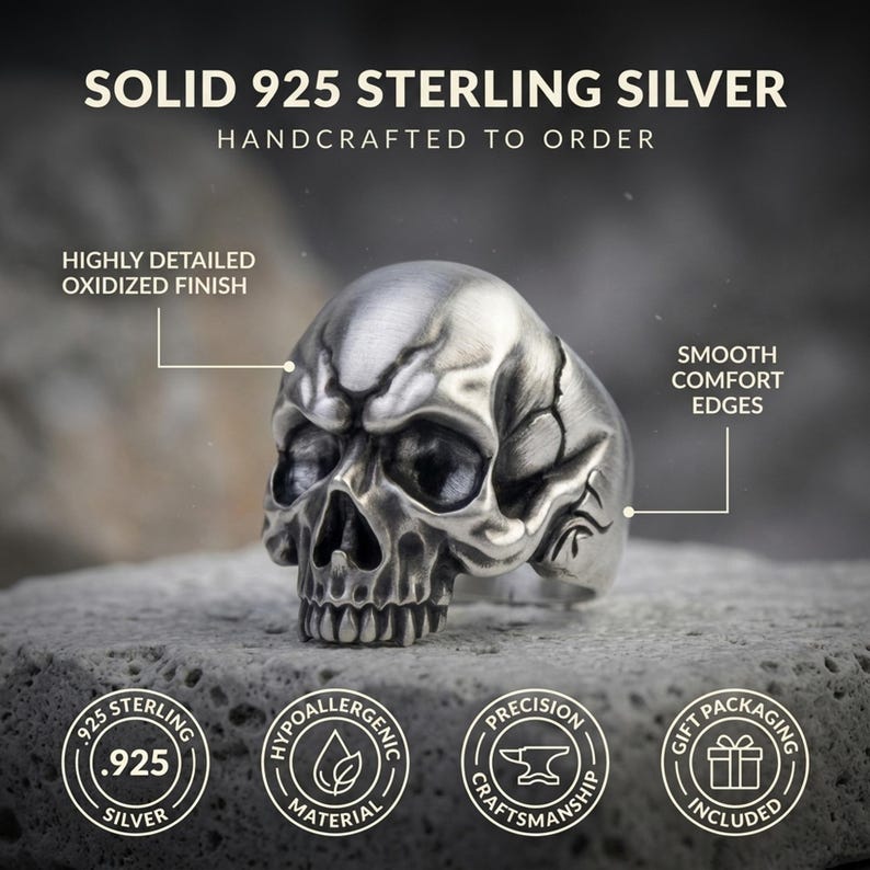 Injured Skull 925 Silver Ring, Unusual Punk Style, Handcrafted, Adjustable Size, Unisex, Unique Gift, Edgy Design, Gothic Fashion Accessory image 3