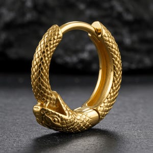 Può includere: Un orecchino a cerchio color oro a forma di serpente che si morde la coda. La superficie del cerchio presenta una dettagliata texture a scaglie in rilievo, con la testa del serpente chiaramente definita nella parte inferiore con occhi e bocca.