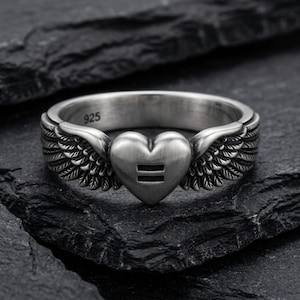 Equality Angel Wings Heart Ring in 925 Sterling Silver, Oxidized Gothic Band, Handcrafted Gift Oxidized Matte