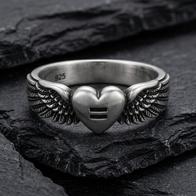 Equality Angel Wings Heart Ring in 925 Sterling Silver, Oxidized Gothic Band, Handcrafted Gift Oxidized Matte