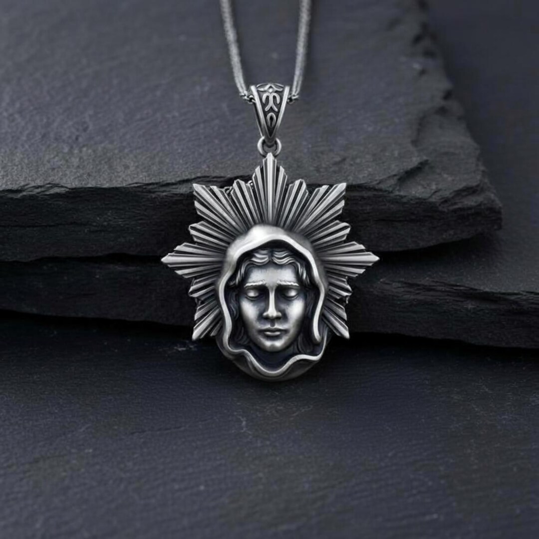 Virgin Mary Pendant 925 Sterling Silver Sunburst Halo Necklace Oxidized ...