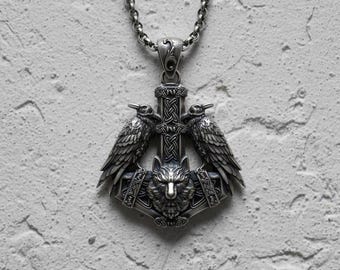 Viking Raven Axe Pendant 925 Sterling Silver Necklace Norse Wolf Celtic Warrior Medallion Gift Men