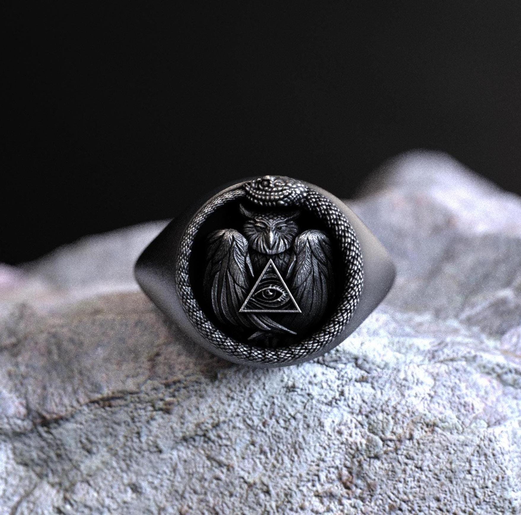 925 Silver Signet Ouroboros Snake, Owl, Masonic Eye of Providence Fusion, Handcrafted Illuminati  Fr