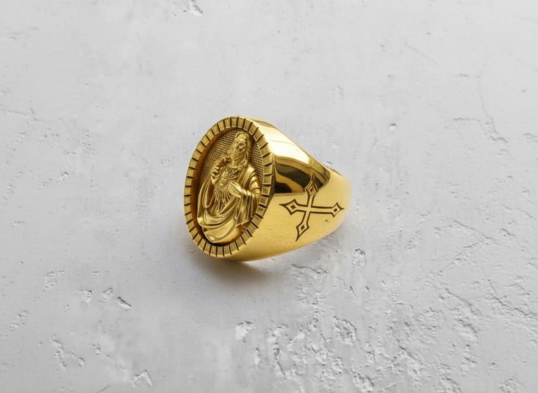 Sacred Heart Ring Religious Signet - Jesus Symbolic Design, 14K Gold ...