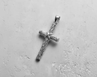 Rustic Cross Pendant 925 Sterling Silver Polished Finish Rope Wrapped Christian Faith Necklace Unisex Religious Jewelry Gift for Him