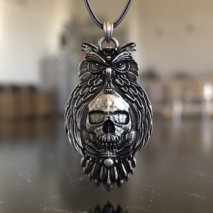 Owl On Skull Pendant, 925 Sterling Silver Necklace, Mystical Symbolism, Handcrafted Art, Unique Design, Night Guardian, Statement Piece