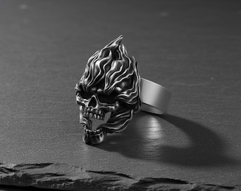 Flaming Skull Ring Gothic Jewelry Statement Band, Oxidized Silver Flames (Men’s Sizes 5-15, Handmade 925 Sterling Silver)