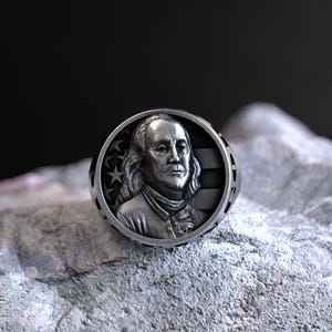 925 Sterling Silver Ring, Benjamin Franklin Design, USA Flag Emblem, Patriotic Jewelry, Handcrafted Artisan, American History Tribute