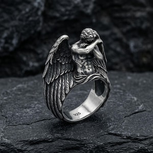 Bague ange pleureur, argent sterling 925 or vermeil, anneau sculpture ange déchu, bijoux gothiques pour homme Oxidized Matte