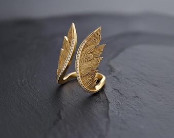 Angel Wings Ring 925 Sterling Silver 14K Gold Vermeil Guardian Angel Feather Open Band Statement Jewelry Gift for Her