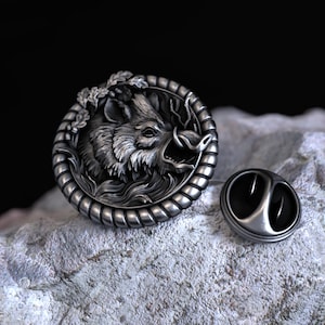 Wild Boar Head Animal 925 Sterling Silver Lapel Pin, Handcrafted Boar Brooch, Men’s Boar Pin, Unique Silver Animal Jewelry, Gift for Him