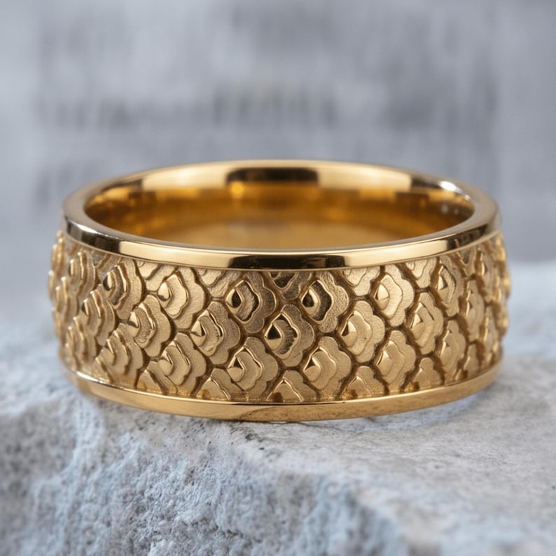 Gold Men Wedding Ring Japanese Art Inspired Wave Pattern Unique Engagement Band Traditional Craftsmanship Timeless Elegance Limited Edition image 1