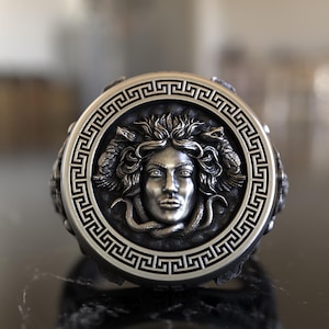 925 Sterling Silver Medusa Signet – Gorgona Snake Head & Antique Greek Meander Pattern – Mythological  Historic Inspired Jewelry