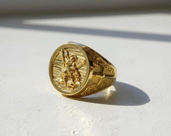 大天使ミカエルのシグネットリング：スターリングシルバー、ゴールドの