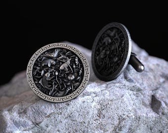 Handcrafted 925 Sterling Silver Fish and Lotus Flower Cufflinks, Intricate Asian Style Round Cufflinks, Unique Men&#39;s Accessory, Wedding Gift