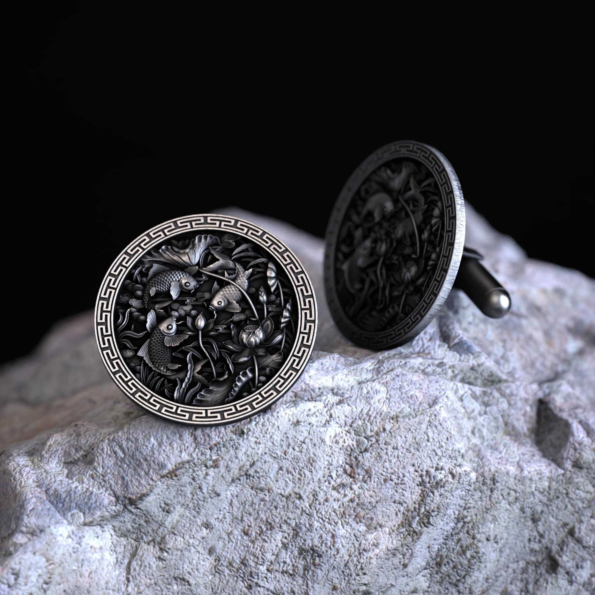 Handcrafted 925 Sterling Silver Fish and Lotus Flower Cufflinks, Intricate Asian Style Round Cufflinks, Unique Men's Accessory, Wedding Gift