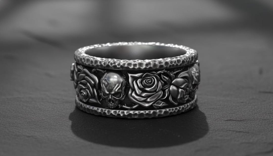 Skull And Roses Rings Skull and Rose Ring Statement Jewelry: Gothic Hammered Band, Oxidized ...