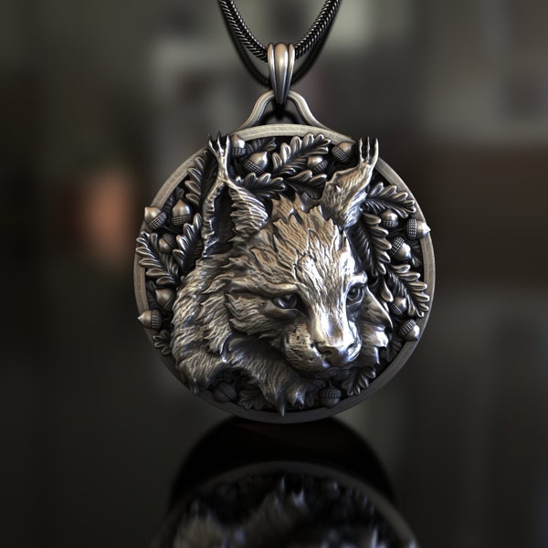 Exquisite Lynx Head with Leafs Themed 925 Sterling Silver Necklace, Handcrafted Artisan Jewelry, Unique Statement Piece for Nature Lovers