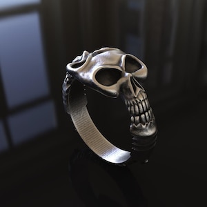 Double Skull Sterling Silver Ring, Adjustable Gothic Men&#39;s Band, 925 Silver Skull Head Ring, Biker Punk Rocker Jewelry, Handmade Metal Ring