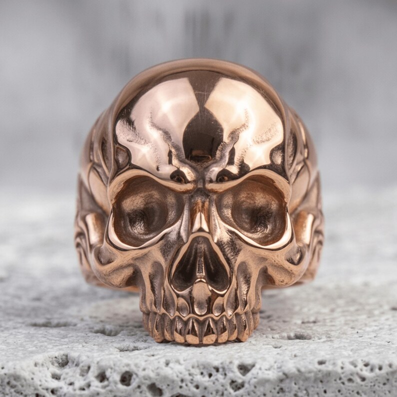 Injured Skull 925 Silver Ring, Unusual Punk Style, Handcrafted, Adjustable Size, Unisex, Unique Gift, Edgy Design, Gothic Fashion Accessory Rose Plated Silver