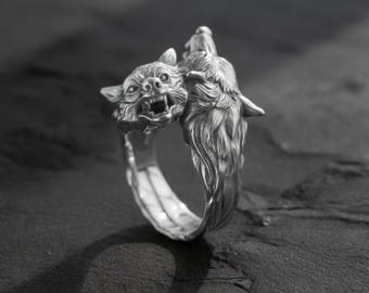 Anello Biker In Argento 925 Ossidato Con Testa Di Lupo: Gioiello Uomo Donna Fatto A Mano, Taglia 10