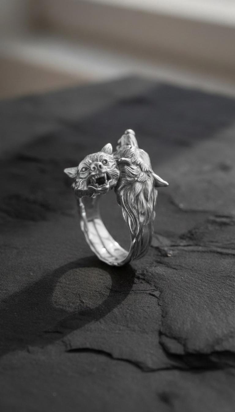 925 Sterling Silver Double Wolf Head Ring - Handcrafted, Unisex