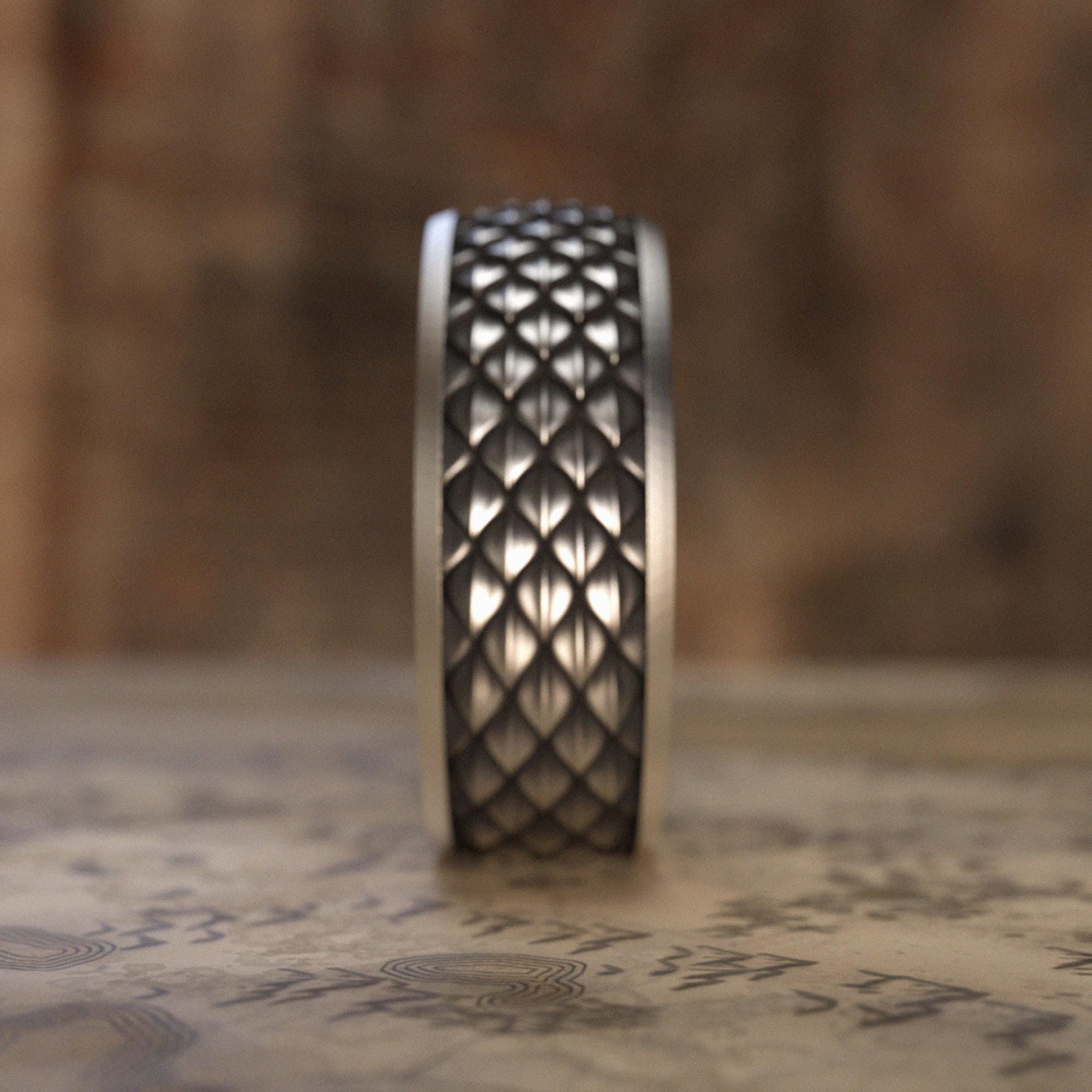 Dragon Scale Oxidized Silver Wedding Band Ring Men, Unique Animal Dragon Ring to Dad, Engraved Promise Ring For Husband, Gift For Boyfriend
