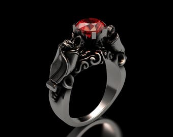 Gothic Bat Ring Sterling Silver 925 - Red Stone Vampire Ring - Dark Fantasy Statement Ring for Women