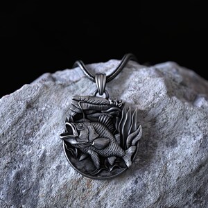 Handcrafted 925 Sterling Silver Bass Fish Necklace with Detailed Aquatic Nature Scene, Unique Fishing Pendant for Nature Lovers