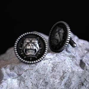 Men's Cufflinks Sterling Silver Aggressive Pitbull Head Design Round Bold Statement Jewelry For Men Classic Handmade 925 Sterling Silver