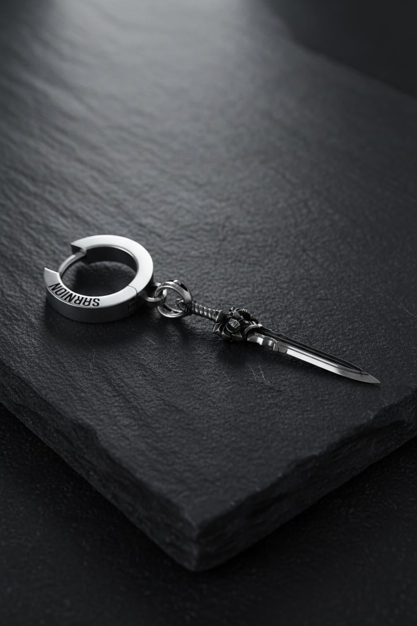 Orecchini A Cerchio Con Spada In Argento 925 E Zirconi Neri, Pendenti Unisex Stile Punk Per Uomo E Donna - 3