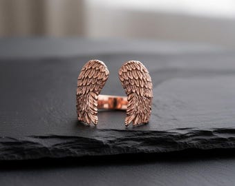 Angel Wing Ring 925 Sterling Silver Rose Gold Plated Feather Open Band Boho Statement Jewelry