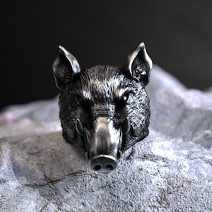 925 Sterling Silver Boar Ring, Wild Pig Animal Jewelry