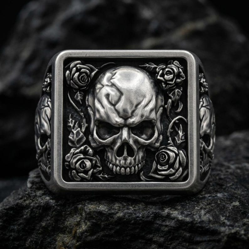 Skull and Roses Square Signet Ring 925 Sterling Silver Gold Vermeil ...
