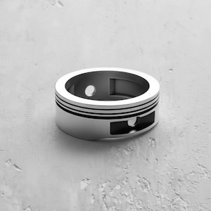 Piston Engine Ring 925 Sterling Silver Satin Finish Industrial Mechanic Band Car Enthusiast Gift for Him
