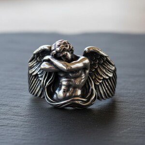 Fallen Angel Ring 925 Sterling Silver 14K Guld Vermeil Alexandre Cabanel Art Gothic Lucifer Statement Smycken för Herrar bild 6