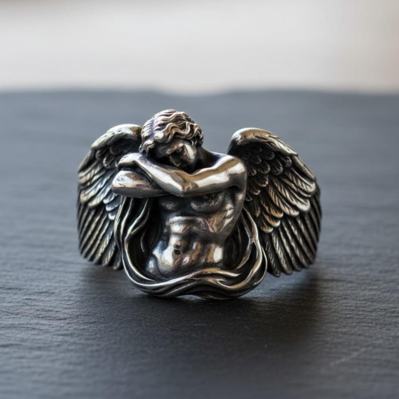 Fallen Angel Ring 925 Sterling Silver 14K Guld Vermeil Alexandre Cabanel Art Gothic Lucifer Statement Smycken för Herrar bild 6