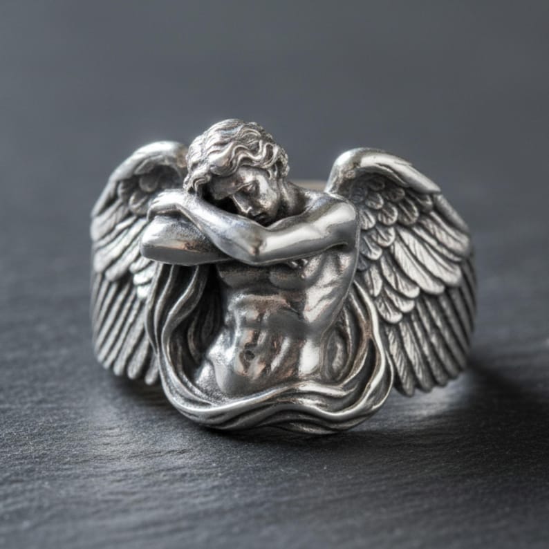 Fallen Angel Ring 925 Sterling Silver 14K Guld Vermeil Alexandre Cabanel Art Gothic Lucifer Statement Smycken för Herrar Polished Silver