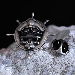 Sterling Silver Skull Captain Lapel Pin - Nautical Steering Wheel, Pirate Hat Design, Skull and Bones, Gothic Style, Unisex Accessory