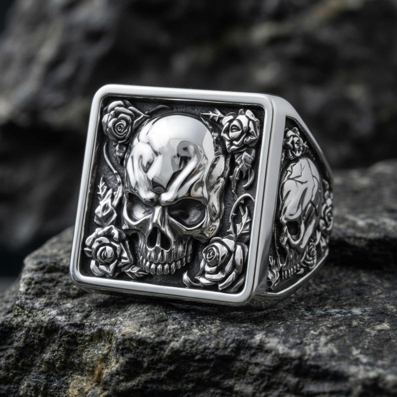 Skull and Roses Square Signet Ring 925 Sterling Silver Gold Vermeil ...