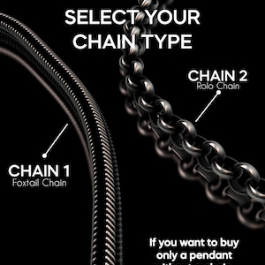 Peut inclure: Image pr&eacute;sentant deux types de cha&icirc;nes : une cha&icirc;ne foxtail et une cha&icirc;ne rolo, avec le texte "SELECT YOUR CHAIN TYPE." L'image comprend &eacute;galement le texte "If you want to buy only a pendant without a chain, please select "Only Pendant" option."
