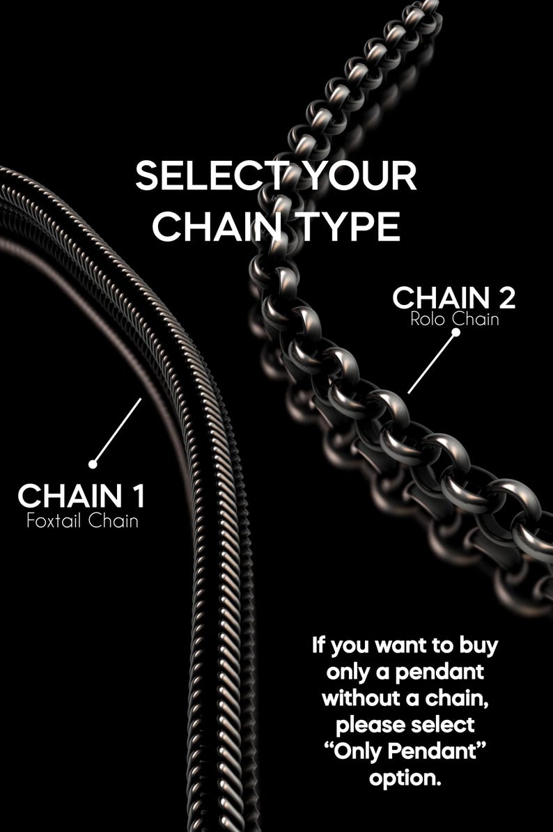 Peut inclure: Image pr&eacute;sentant deux types de cha&icirc;nes : une cha&icirc;ne foxtail et une cha&icirc;ne rolo, avec le texte "SELECT YOUR CHAIN TYPE." L'image comprend &eacute;galement le texte "If you want to buy only a pendant without a chain, please select "Only Pendant" option."