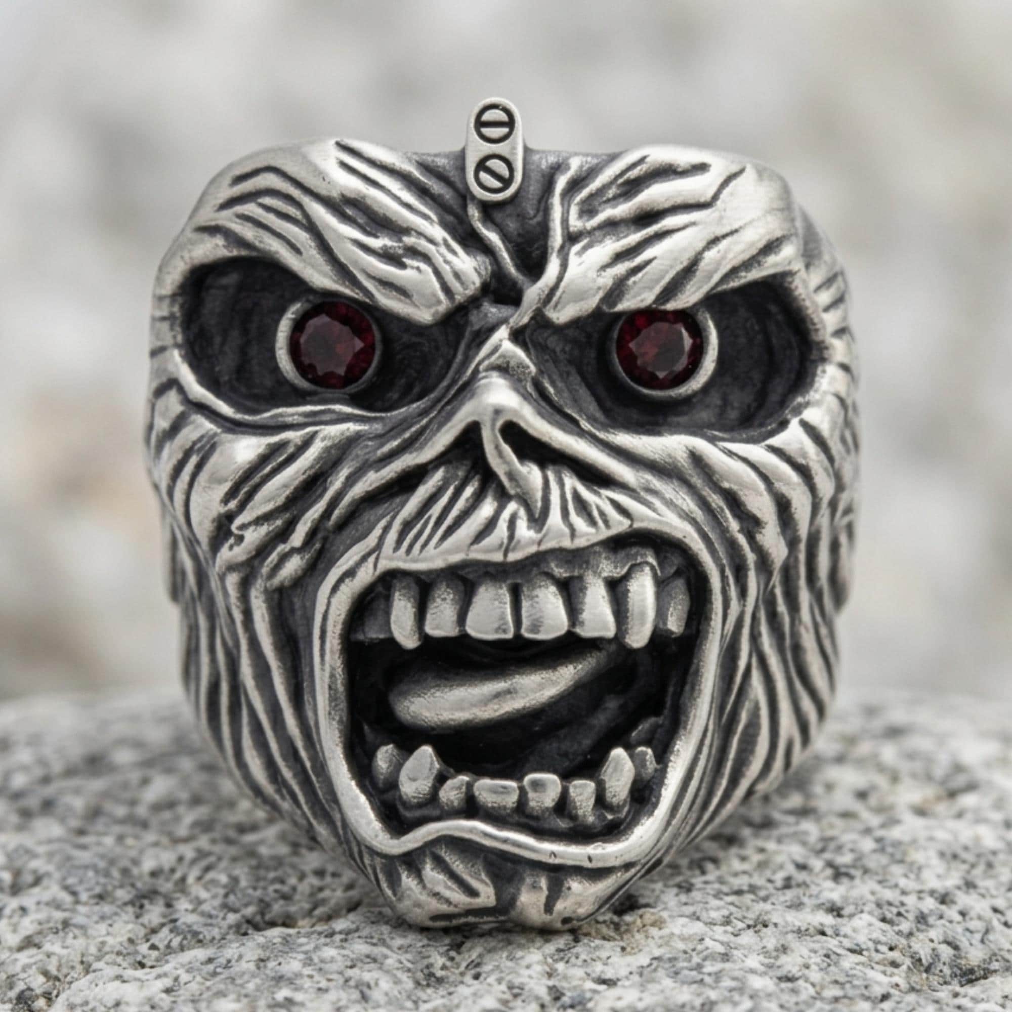 Iron Maiden Signet Ring, 925 Sterling Silver, Gemstone Eyes, Heavy