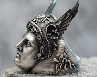 Hermes Ring Statement Jewelry: Oxidized Greek God Design, Winged Helmet Motif (925 Sterling Silver, Mens Sizes 5-15)